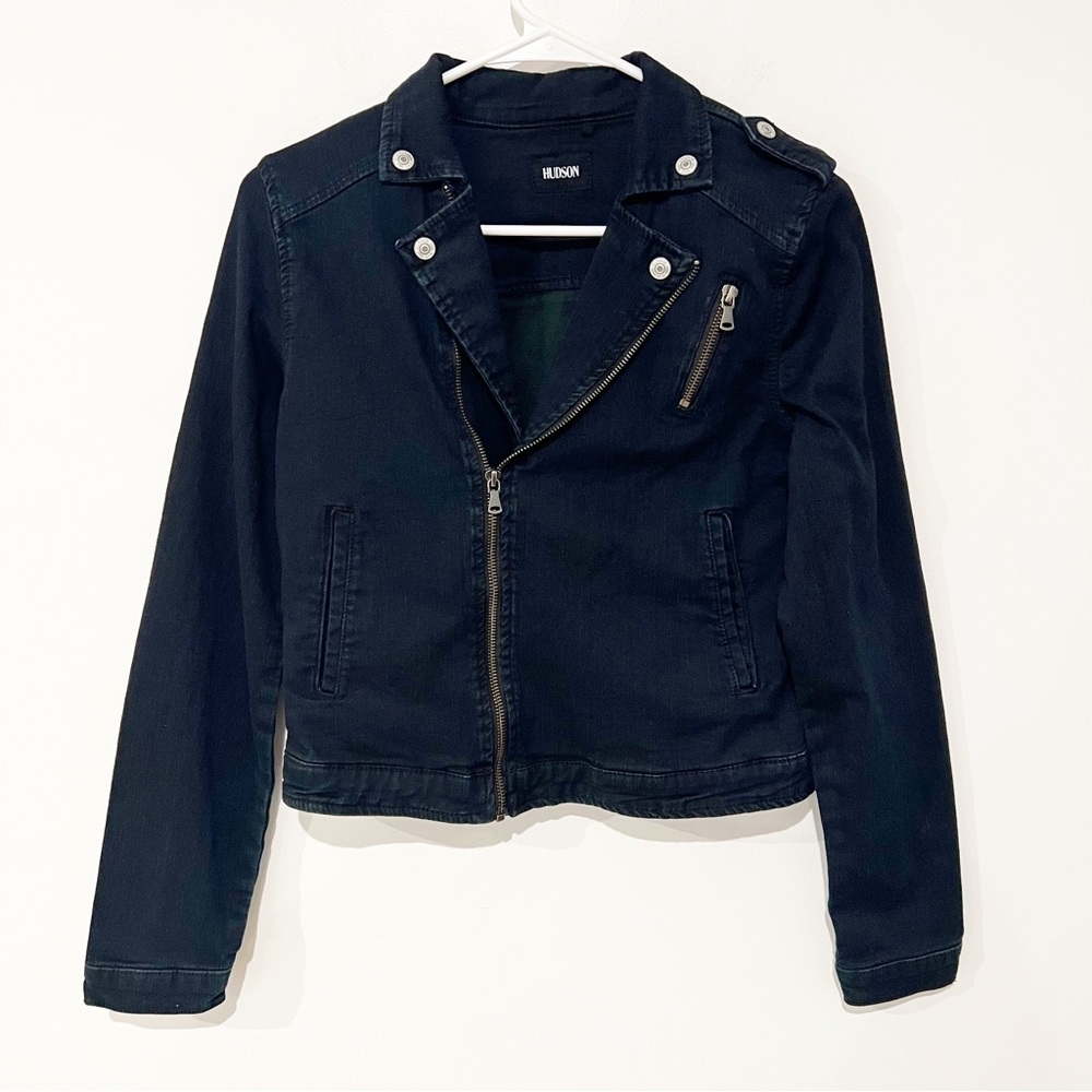 Hudson Jeans Asymmetrical Moto Exposed Zipper Black Denim Cotton Jackef size XL
